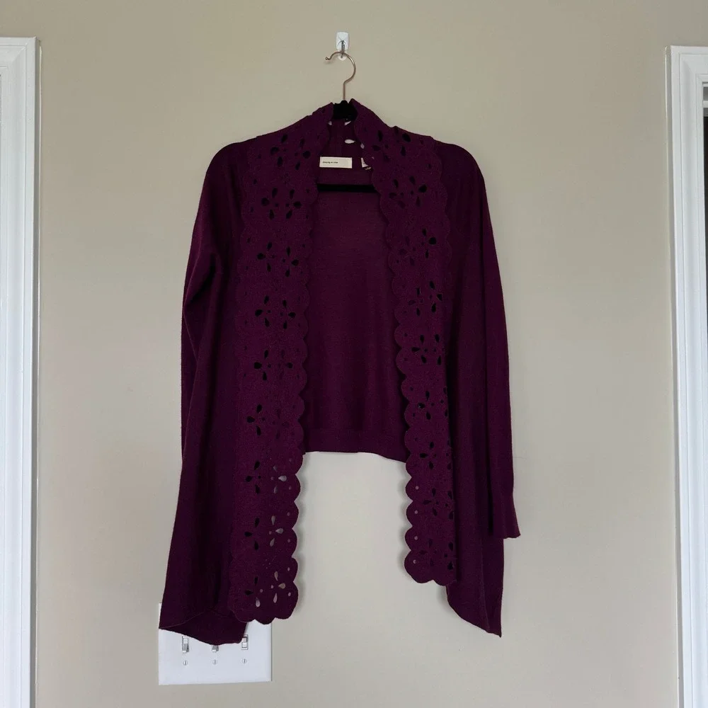Sleeping on Snow Anthropologie Purple Wool Blend Eyelet Trim Cardigan Sweater S